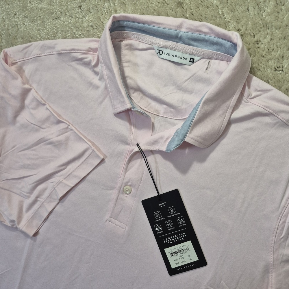 7 Diamonds Polo Shirt Mens Medium Pink Performance 4 Way Stretch Golf Preppy New